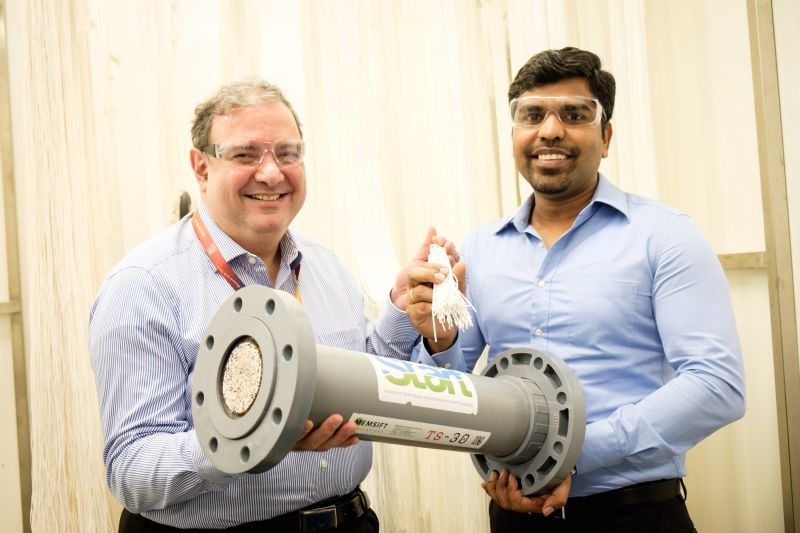 Photo 1 - (Left) Dr Adil Dhalla, MD of START Centre holding the tri-bore hollow-fibre membrane with Dr Antony Prince (right), Founder of Memsift Innovations.jpg